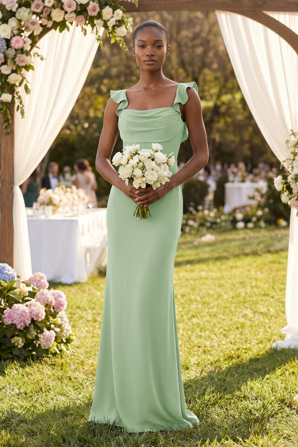Ruffled Sleeve Sheath Satin Bridesmaid Dress in Sage - SHE IS ME Bridesmaid Dresses