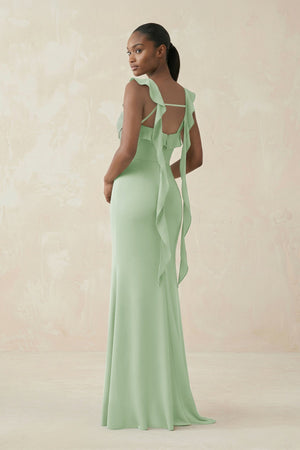 Ruffled Sleeve Sheath Satin Bridesmaid Dress in Sage - SHE IS ME Bridesmaid Dresses