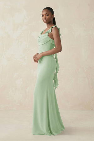 Ruffled Sleeve Sheath Satin Bridesmaid Dress in Sage - SHE IS ME Bridesmaid Dresses