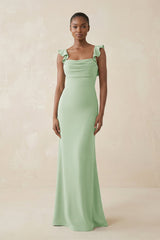 Ruffled Sleeve Sheath Satin Bridesmaid Dress in Sage - KISS BRIDAL Bridesmaid Dresses