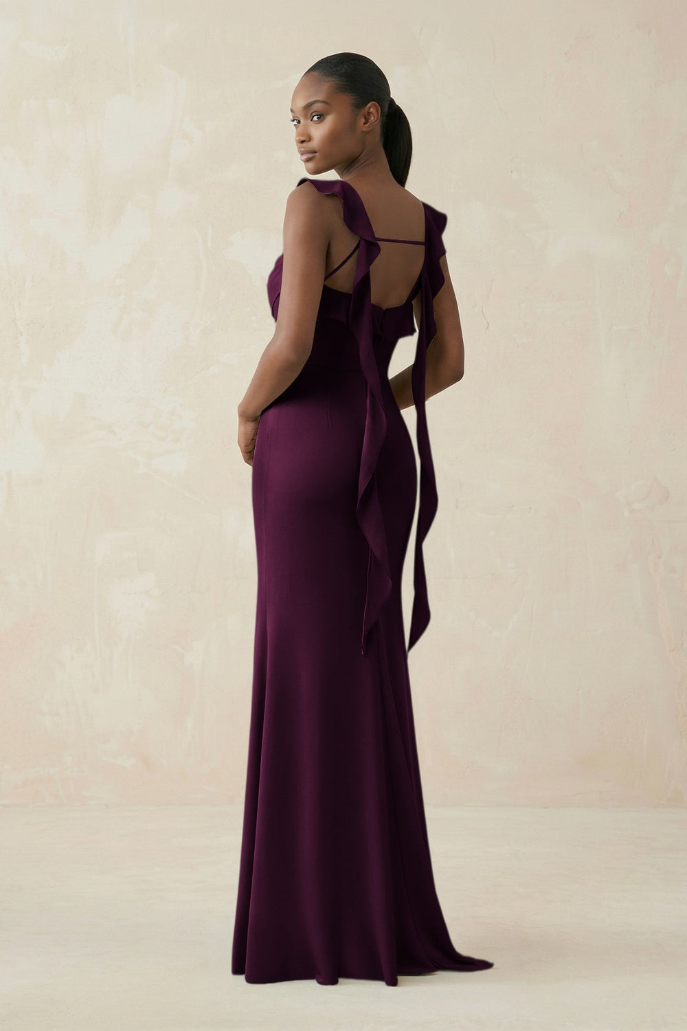 Ruffled Sleeve Sheath Satin Bridesmaid Dress in Sangria - KISS BRIDAL Bridesmaid Dresses
