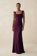 Ruffled Sleeve Sheath Satin Bridesmaid Dress in Sangria - KISS BRIDAL Bridesmaid Dresses