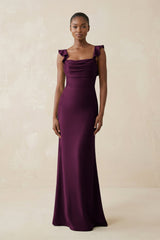 Ruffled Sleeve Sheath Satin Bridesmaid Dress in Sangria - KISS BRIDAL Bridesmaid Dresses