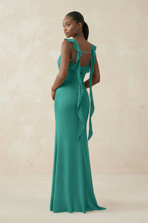 Ruffled Sleeve Sheath Satin Bridesmaid Dress in Sea Glass - KISS BRIDAL Bridesmaid Dresses