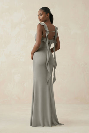 Ruffled Sleeve Sheath Satin Bridesmaid Dress in Silver - KISS BRIDAL Bridesmaid Dresses