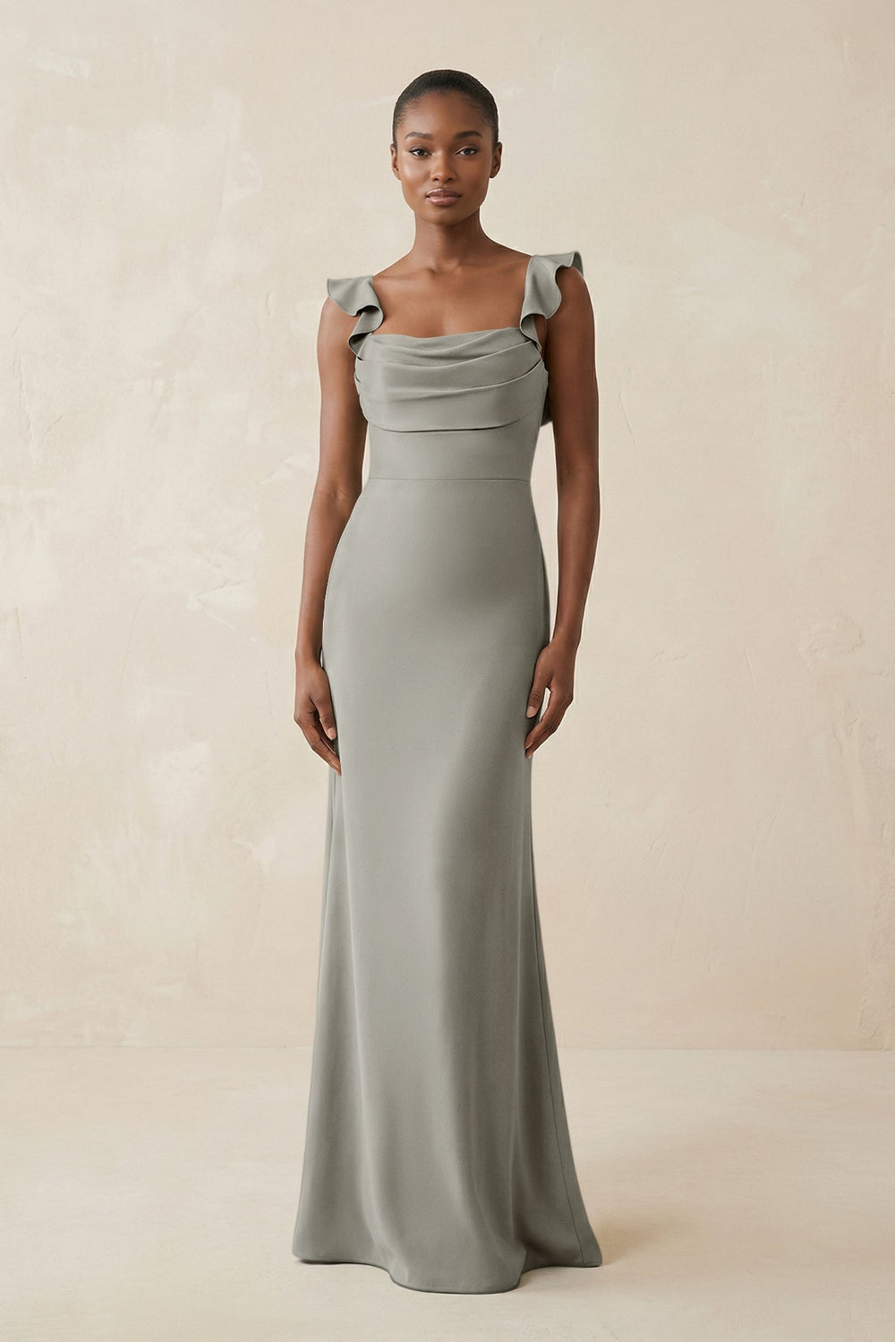 Ruffled Sleeve Sheath Satin Bridesmaid Dress in Silver - KISS BRIDAL Bridesmaid Dresses