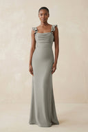 Ruffled Sleeve Sheath Satin Bridesmaid Dress in Silver - KISS BRIDAL Bridesmaid Dresses
