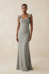 Ruffled Sleeve Sheath Satin Bridesmaid Dress in Silver - KISS BRIDAL Bridesmaid Dresses