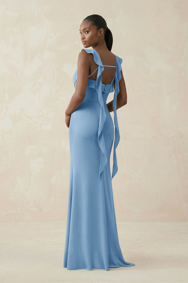 Ruffled Sleeve Sheath Satin Bridesmaid Dress in Sky Blue - KISS BRIDAL Bridesmaid Dresses