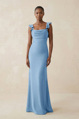 Ruffled Sleeve Sheath Satin Bridesmaid Dress in Sky Blue - KISS BRIDAL Bridesmaid Dresses