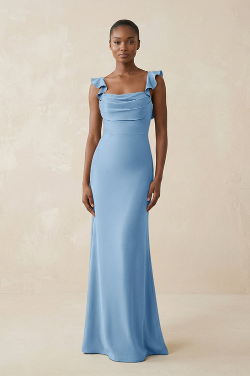 Ruffled Sleeve Sheath Satin Bridesmaid Dress in Sky Blue - KISS BRIDAL Bridesmaid Dresses