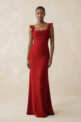 Ruffled Sleeve Sheath Satin Bridesmaid Dress in Spice - KISS BRIDAL Bridesmaid Dresses