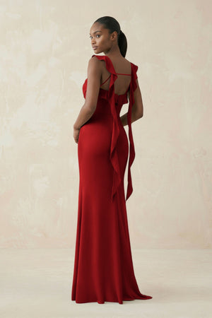 Ruffled Sleeve Sheath Satin Bridesmaid Dress in Spice - KISS BRIDAL Bridesmaid Dresses