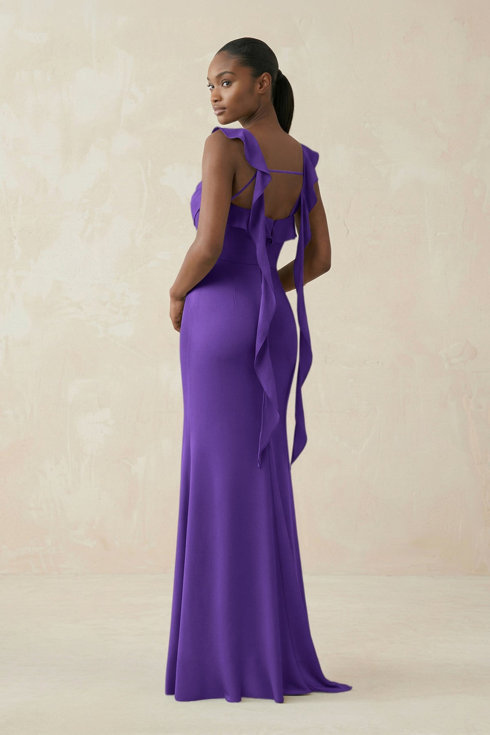 Ruffled Sleeve Sheath Satin Bridesmaid Dress in Tahiti - KISS BRIDAL Bridesmaid Dresses