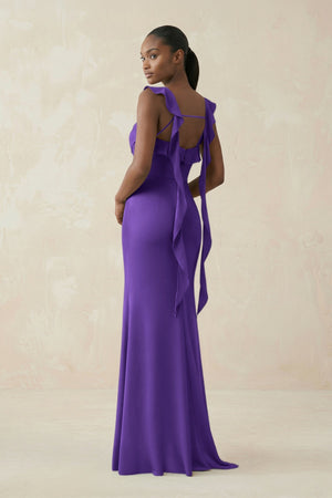 Ruffled Sleeve Sheath Satin Bridesmaid Dress in Tahiti - KISS BRIDAL Bridesmaid Dresses