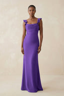 Ruffled Sleeve Sheath Satin Bridesmaid Dress in Tahiti - KISS BRIDAL Bridesmaid Dresses