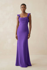 Ruffled Sleeve Sheath Satin Bridesmaid Dress in Tahiti - KISS BRIDAL Bridesmaid Dresses