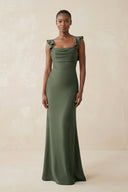 Ruffled Sleeve Sheath Satin Bridesmaid Dress in Thyme - KISS BRIDAL Bridesmaid Dresses