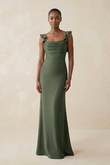Ruffled Sleeve Sheath Satin Bridesmaid Dress in Thyme - KISS BRIDAL Bridesmaid Dresses