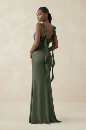 Ruffled Sleeve Sheath Satin Bridesmaid Dress in Thyme - KISS BRIDAL Bridesmaid Dresses