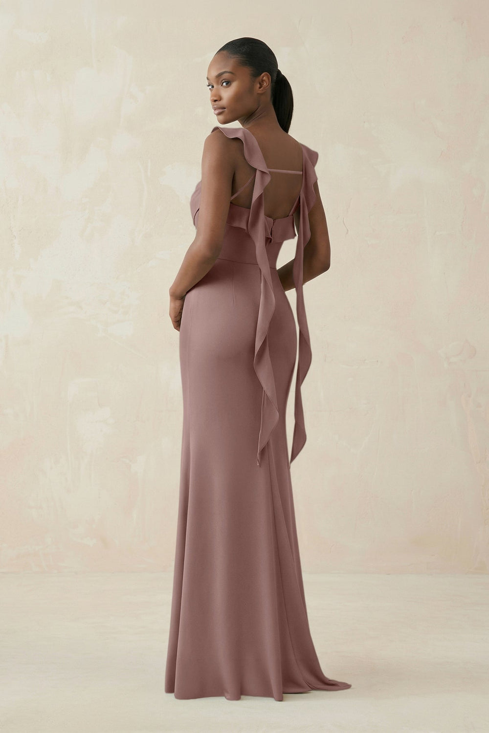 Ruffled Sleeve Sheath Satin Bridesmaid Dress in Toffee - KISS BRIDAL Bridesmaid Dresses