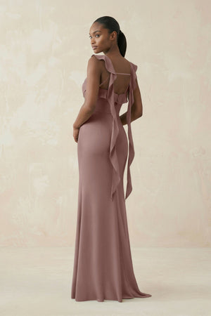 Ruffled Sleeve Sheath Satin Bridesmaid Dress in Toffee - KISS BRIDAL Bridesmaid Dresses