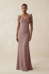 Ruffled Sleeve Sheath Satin Bridesmaid Dress in Toffee - KISS BRIDAL Bridesmaid Dresses