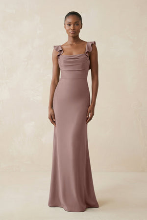 Ruffled Sleeve Sheath Satin Bridesmaid Dress in Toffee - KISS BRIDAL Bridesmaid Dresses