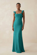 Ruffled Sleeve Sheath Satin Bridesmaid Dress in Turquoise - KISS BRIDAL Bridesmaid Dresses
