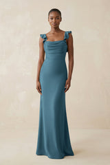Ruffled Sleeve Sheath Satin Bridesmaid Dress in Twilight - KISS BRIDAL Bridesmaid Dresses