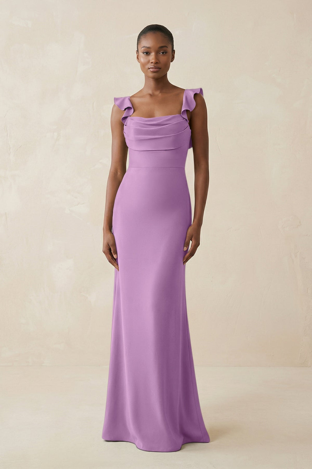 Ruffled Sleeve Sheath Satin Bridesmaid Dress in Vintage Mauve - KISS BRIDAL Bridesmaid Dresses