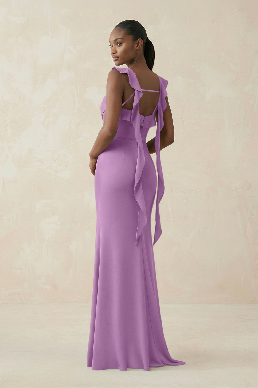 Ruffled Sleeve Sheath Satin Bridesmaid Dress in Vintage Mauve - KISS BRIDAL Bridesmaid Dresses