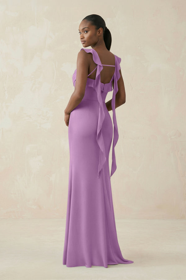 Ruffled Sleeve Sheath Satin Bridesmaid Dress in Vintage Mauve - KISS BRIDAL Bridesmaid Dresses