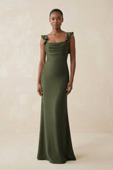Ruffled Sleeve Sheath Satin Bridesmaid Dress in Willow Green - KISS BRIDAL Bridesmaid Dresses