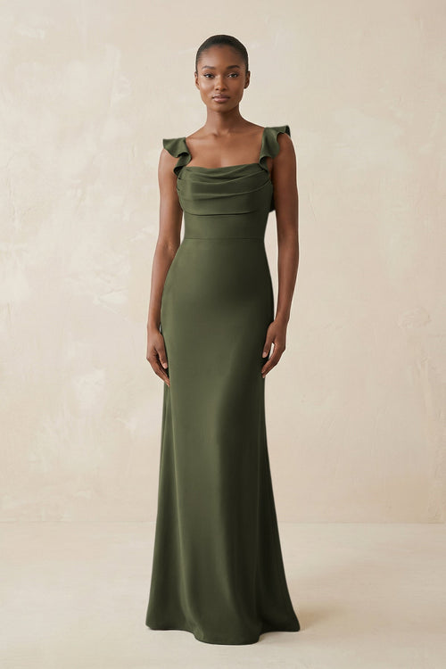 Ruffled Sleeve Sheath Satin Bridesmaid Dress in Willow Green - KISS BRIDAL Bridesmaid Dresses