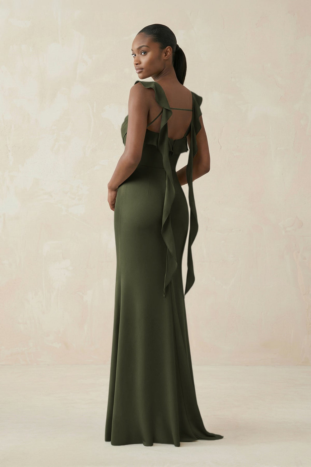 Ruffled Sleeve Sheath Satin Bridesmaid Dress in Willow Green - KISS BRIDAL Bridesmaid Dresses