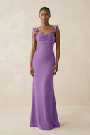 Ruffled Sleeve Sheath Satin Bridesmaid Dress in Wisteria - KISS BRIDAL Bridesmaid Dresses