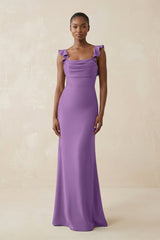 Ruffled Sleeve Sheath Satin Bridesmaid Dress in Wisteria - KISS BRIDAL Bridesmaid Dresses