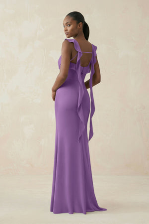 Ruffled Sleeve Sheath Satin Bridesmaid Dress in Wisteria - KISS BRIDAL Bridesmaid Dresses