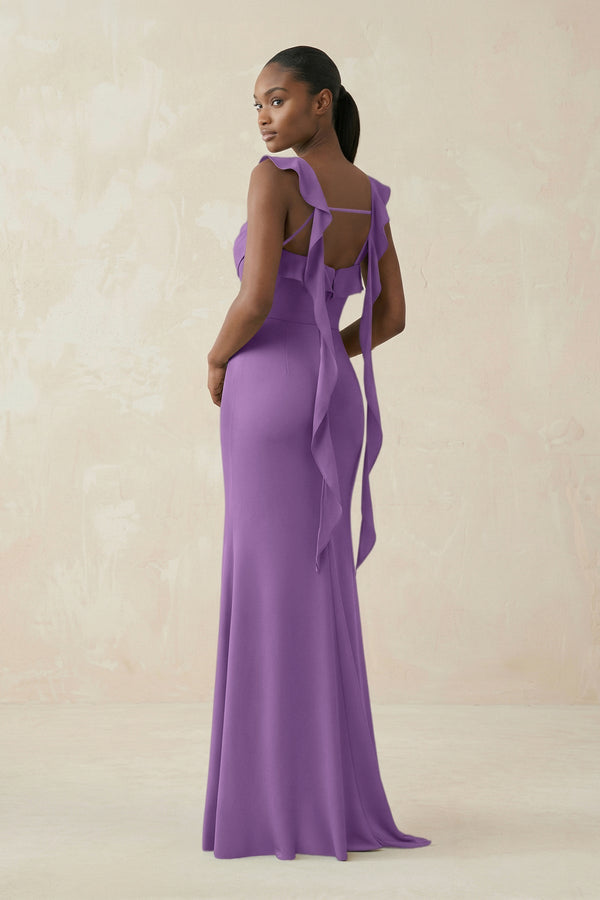 Ruffled Sleeve Sheath Satin Bridesmaid Dress in Wisteria - KISS BRIDAL Bridesmaid Dresses