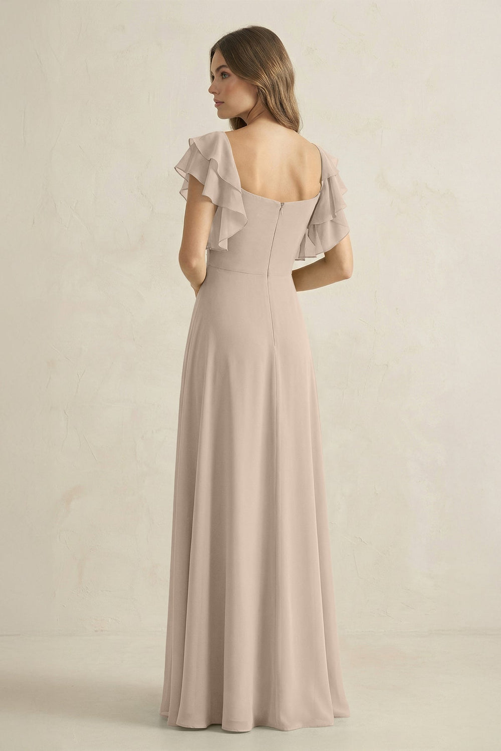 Ruffled Sleeves A-Line Chiffon Bridesmaid Dress in Almond - KISS BRIDAL BRIDESMAID DRESSES