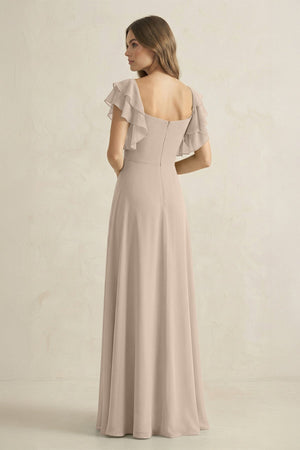 Ruffled Sleeves A-Line Chiffon Bridesmaid Dress in Almond - SHE IS ME BRIDESMAID DRESSES