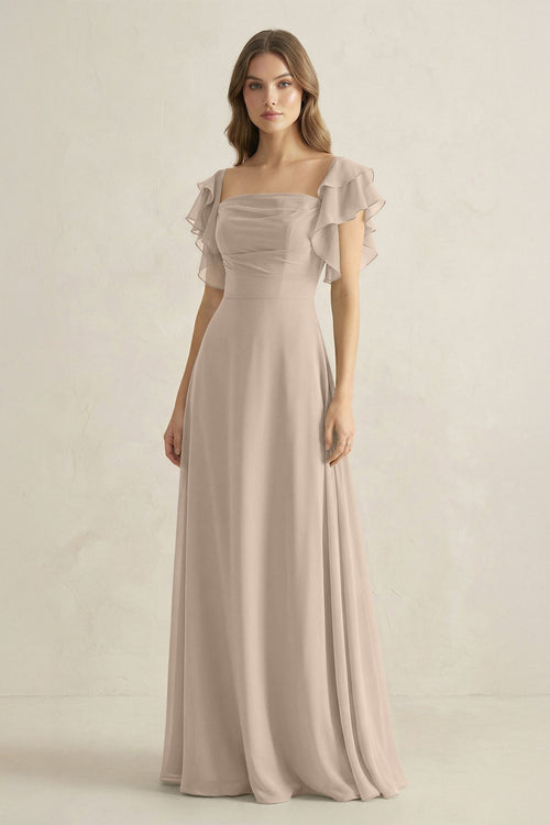 Ruffled Sleeves A-Line Chiffon Bridesmaid Dress in Almond - SHE IS ME BRIDESMAID DRESSES