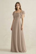 Ruffled Sleeves A-Line Chiffon Bridesmaid Dress in Almond - KISS BRIDAL BRIDESMAID DRESSES