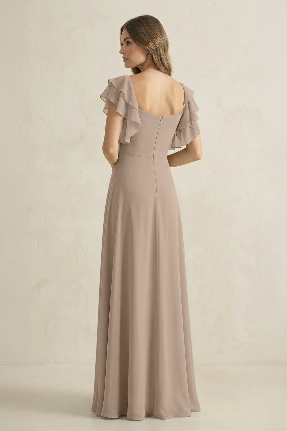 Ruffled Sleeves A-Line Chiffon Bridesmaid Dress in Almond