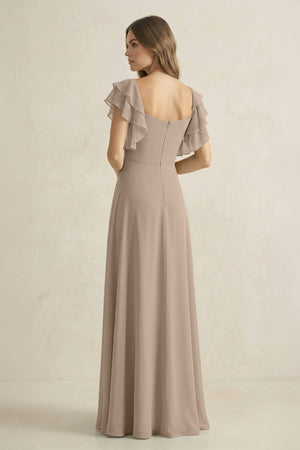 Ruffled Sleeves A-Line Chiffon Bridesmaid Dress in Almond - KISS BRIDAL BRIDESMAID DRESSES