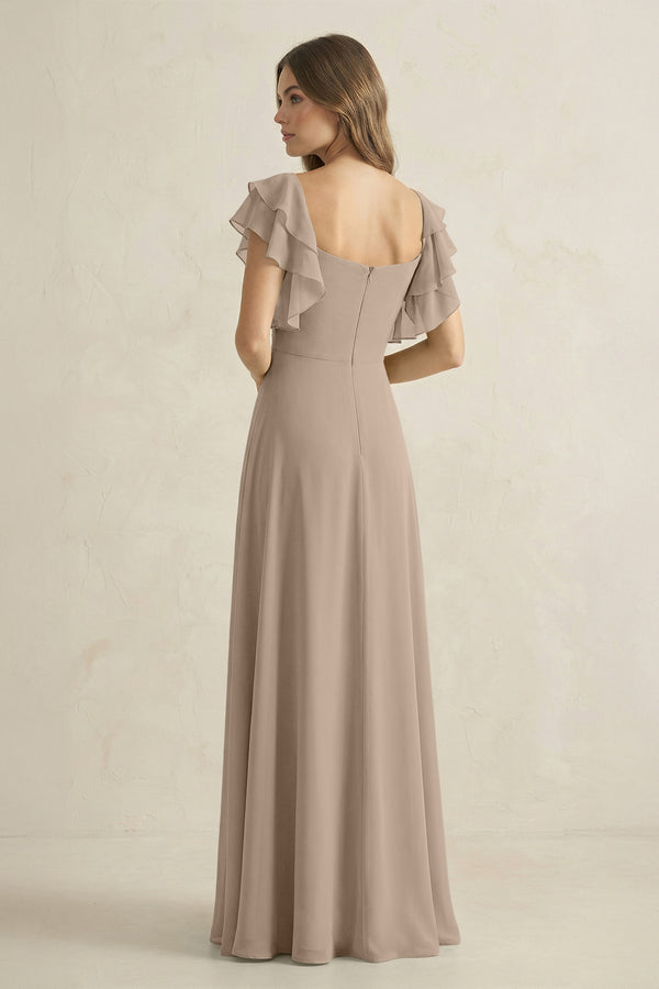 Ruffled Sleeves A-Line Chiffon Bridesmaid Dress in Almond - KISS BRIDAL BRIDESMAID DRESSES