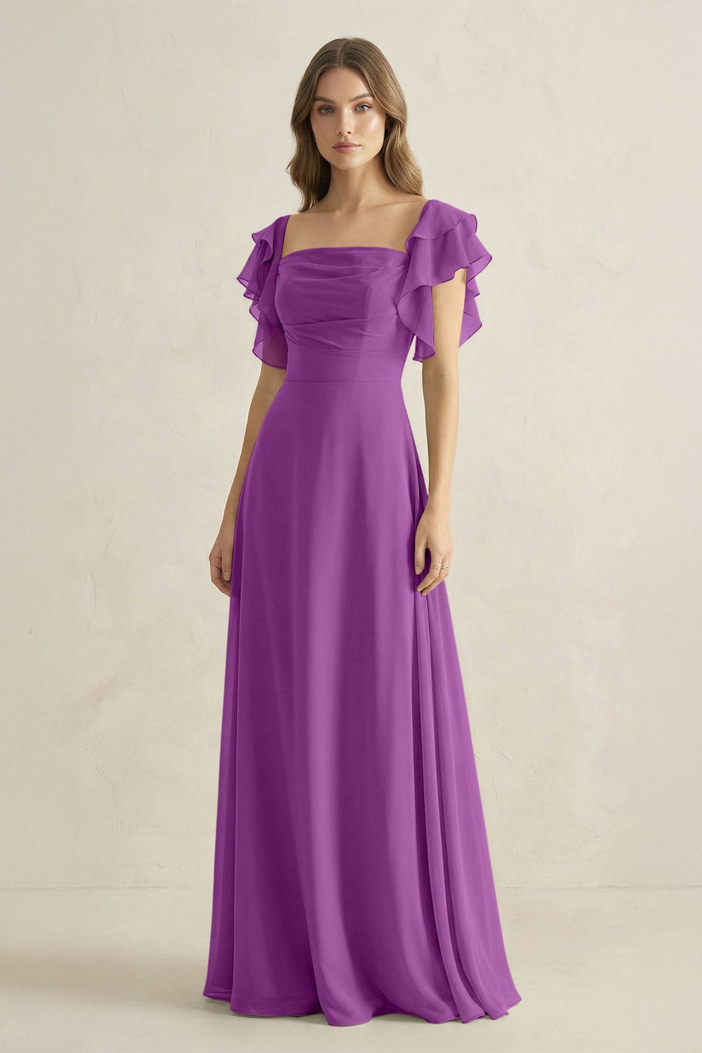 Ruffled Sleeves A-Line Chiffon Bridesmaid Dress in Amethyst - KISS BRIDAL BRIDESMAID DRESSES