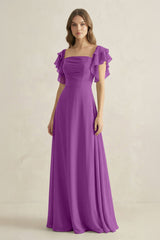 Ruffled Sleeves A-Line Chiffon Bridesmaid Dress in Amethyst - KISS BRIDAL BRIDESMAID DRESSES