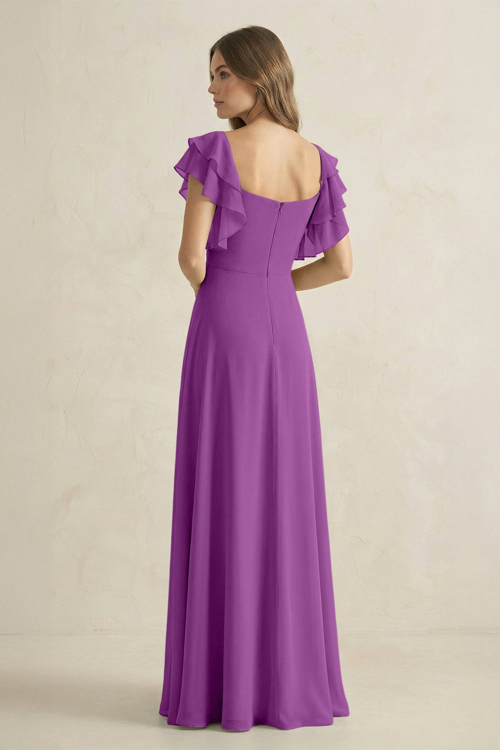 Ruffled Sleeves A-Line Chiffon Bridesmaid Dress in Amethyst - KISS BRIDAL BRIDESMAID DRESSES